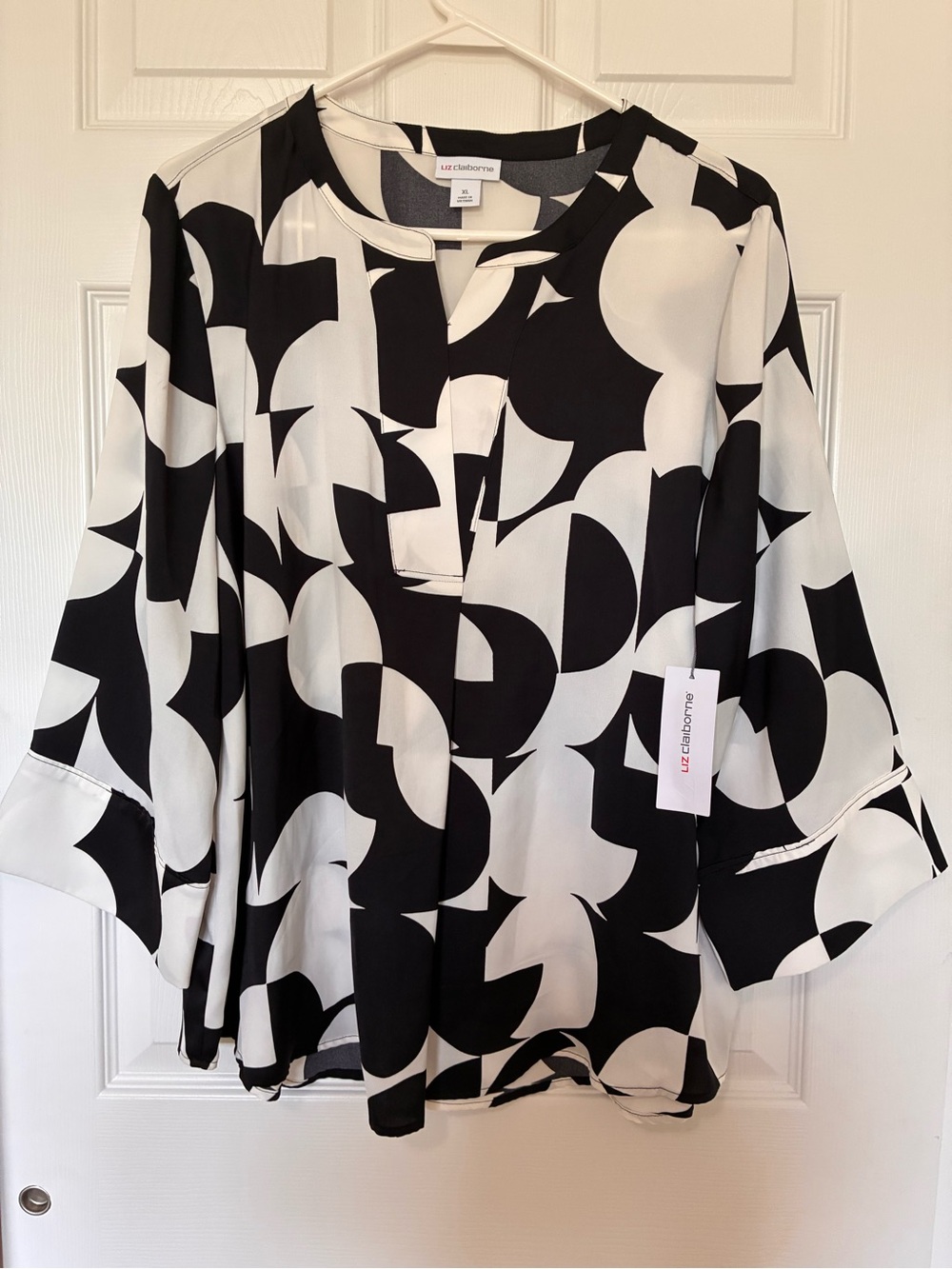 Liz Claiborne Black & White Geometric Print Tunic Blouse 3/4 Sleeve Sz XL New!